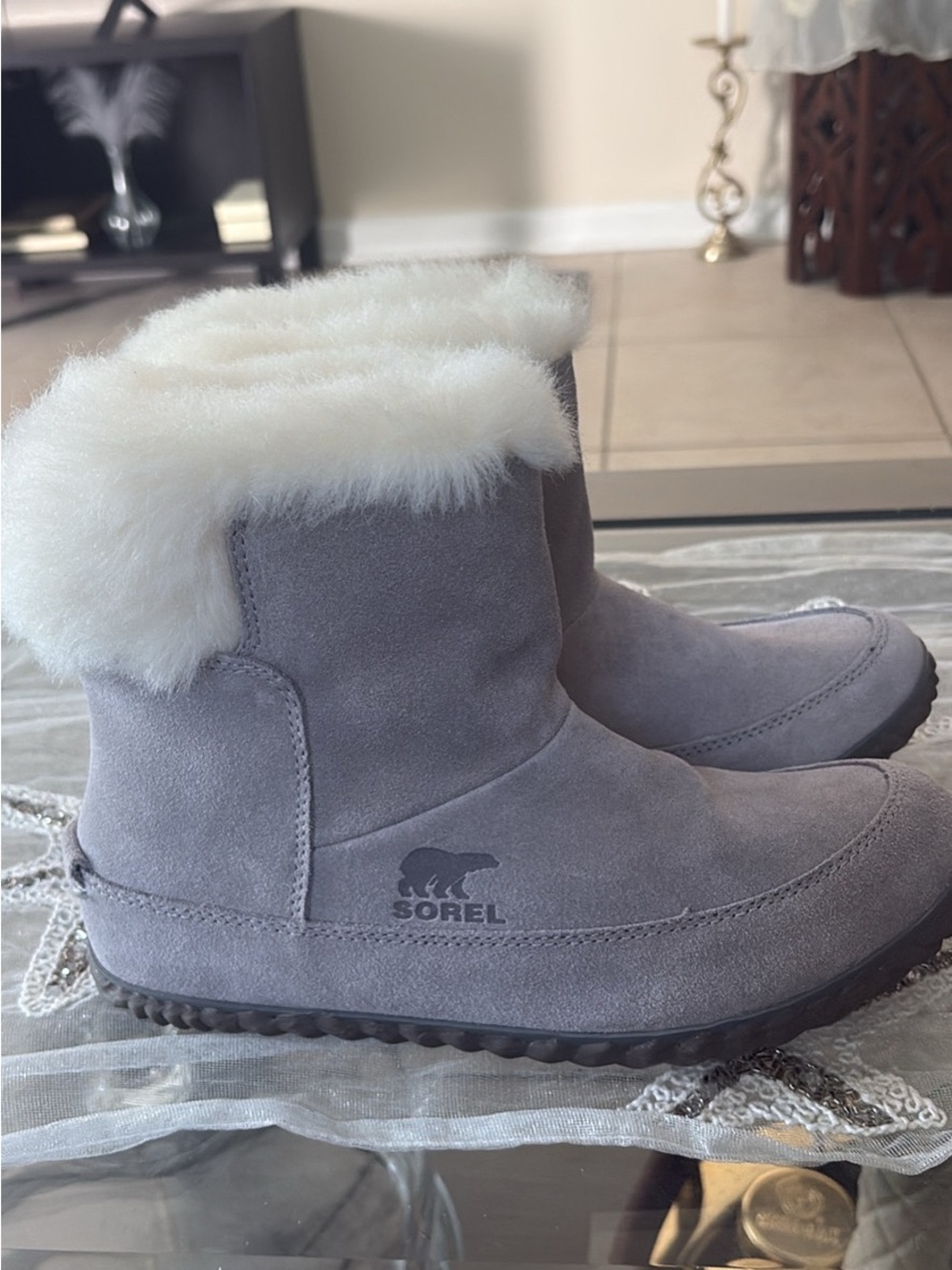 Sorel Suede Shearling Cuff Ankle Boots - Light Gray & Cream